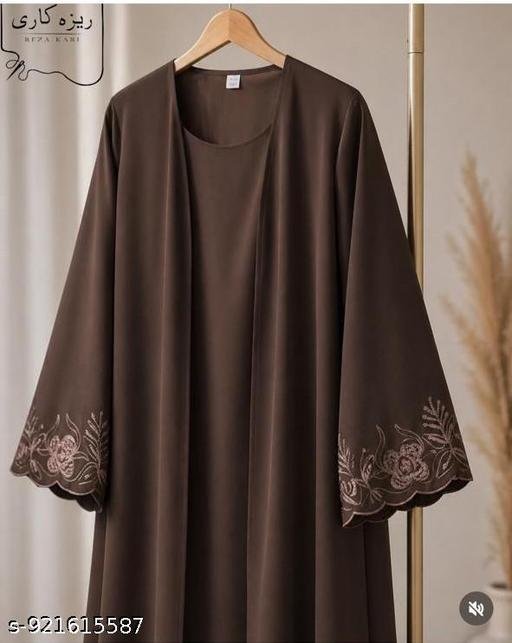 ELEGANCE TRENDY DUBAI FRONT OPEN CUTWORK ASTIN EMBROIDERY WITH ATTACHED INNER CUTWORK SLEEVE ABAYA BURQA HIJAB DUPATTA BURKHA ABAYA SET JILBAB SET FOR WOMENS & COLLEGE GIRLS