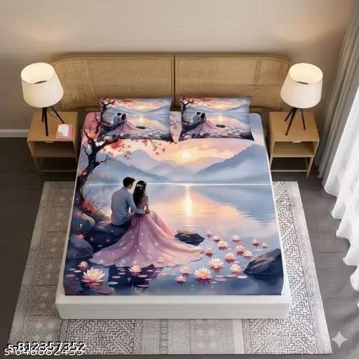GEETA TEXO FAB Heavy 7D Digital Glace Cotton Super King Size Printed Flat Double Bedsheet, 90 X 100 Inch and 2 Pillow Cover Without Joint II Romantic Couple & Sunset Lake 7D BEDSHEET - Image 3