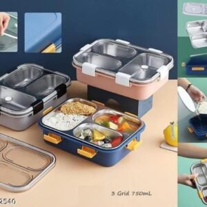 Pack of 1 | 3-Compartment Stainless Steel Tiffin Box with Transparent Lid | Leak-Proof Bento Lunch Box for Kids & Adults | Ideal for Office, School & Travel | In pack their are one fork and one spoon no chopsticks.