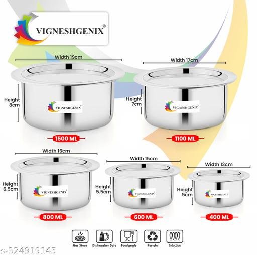 Stainless Steel Tope Patila tepeli Pot pan Utensils Combo cookware Set of 5 PiC Stove and Induction Friendly/Bhagona/Sandwich Bottom Tope/Flat Bottom/Silver/Cookware - Image 4