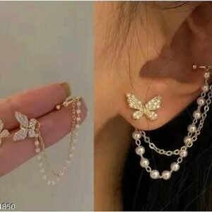 GORGEOUS PAIR OF BUTTERFLY STUDS WITH PEARL CHAIN EAR CUFF EARRINGS