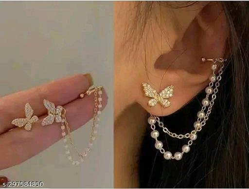 GORGEOUS PAIR OF BUTTERFLY STUDS WITH PEARL CHAIN EAR CUFF EARRINGS