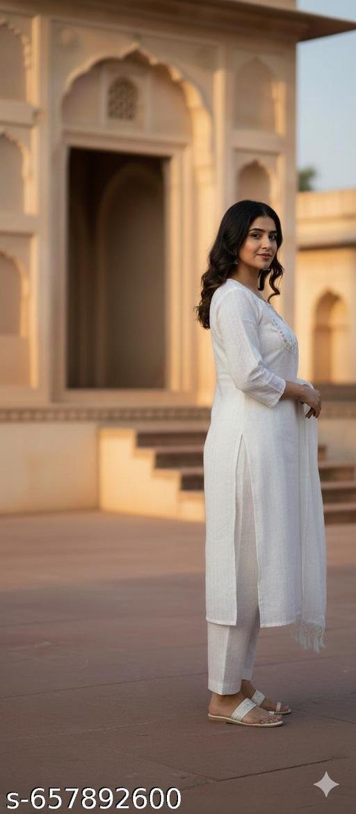 Women cotton white jare set with dupatta - Image 4
