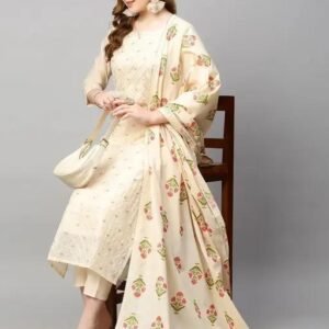 Trendly Women Beige Embroidered Kurta With Pant & Dupatta Set