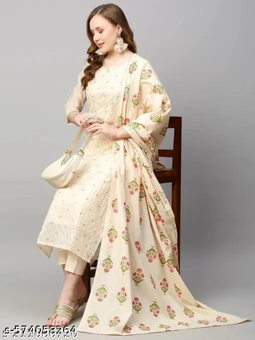 Trendly Women Beige Embroidered Kurta With Pant & Dupatta Set