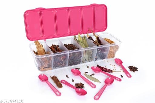 6-in-1 Masala Box for Kitchen, Airtight BPA-Free Plastic 6 Section Storage Container with 6 Spoons, 1800 ml Transparent Pickle Box for Spices, Dry Fruits, Snack (Pack of 1) (pink) - Image 4