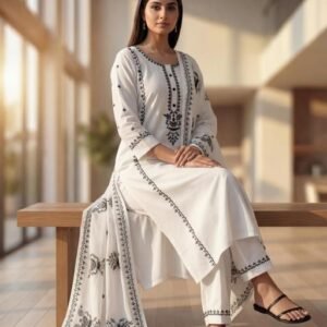 White Embroidered Kurta Set With printed Dupatta