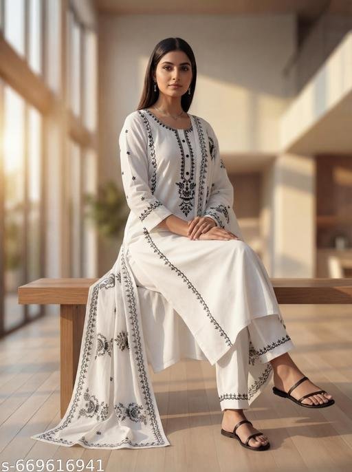 White Embroidered Kurta Set With printed Dupatta