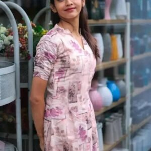 “Women’s Stylish Pink Floral Printed Kurti with V-Neck & Half Sleeves”