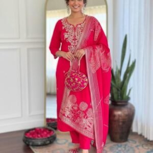 Women’s Pink Embroidered Silk Kurta Pant Set with Heavy Dupatta