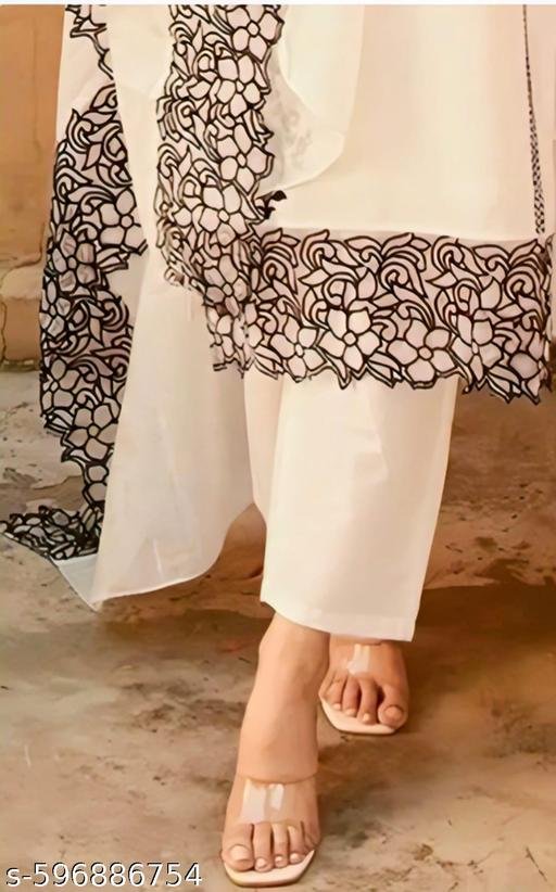 Women White Embroidered Georgette Kurti with Dupatta and Pant Set Stylish Ethnic Wear Suit for Women - Image 5