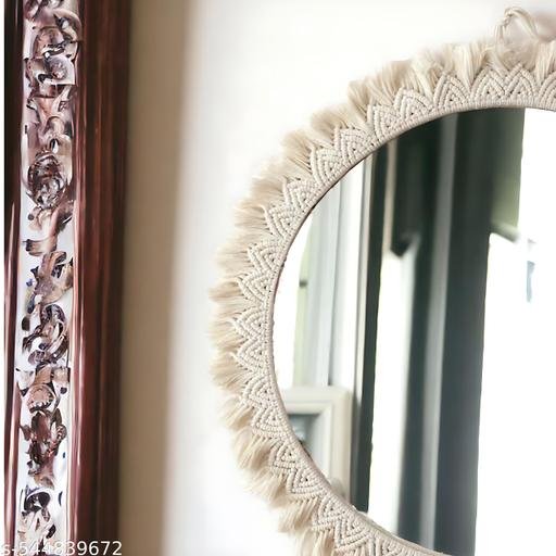 Round Decorative Wall Mirror with Macrame Frame, Boho Design, Off White - Image 3