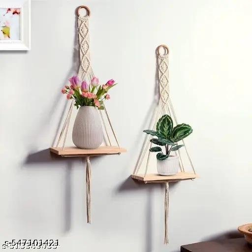 Wall Hanging Book Shelf | Boho Bedroom Wall Decor | Wood Floating Hanging Storage Shelf Organizer | Macrame Shelf for Hanging Plants and Wall Decor set of 2 ( best quality and best product ) - Image 4