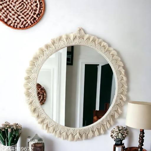 Round Decorative Wall Mirror with Macrame Frame, Boho Design, Off White - Image 5