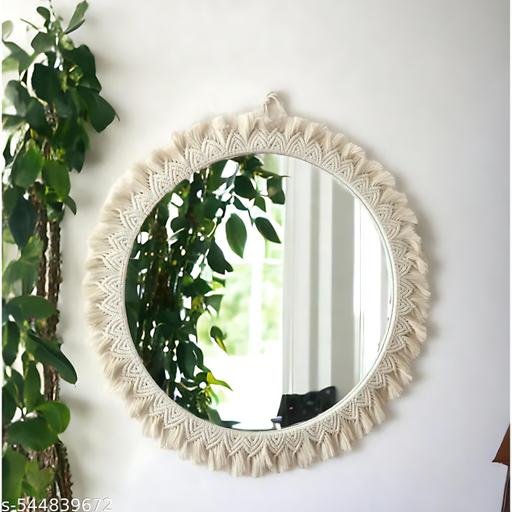 Round Decorative Wall Mirror with Macrame Frame, Boho Design, Off White - Image 4