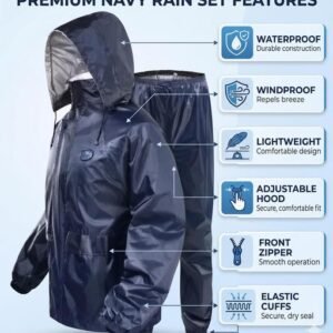 CRONEX Men's Rainsuit/Rainwear/Raincoat/Barsaticoat 100% Waterproof Along With Hood and Side Pocket With Storage Bag (Navy Blue)
