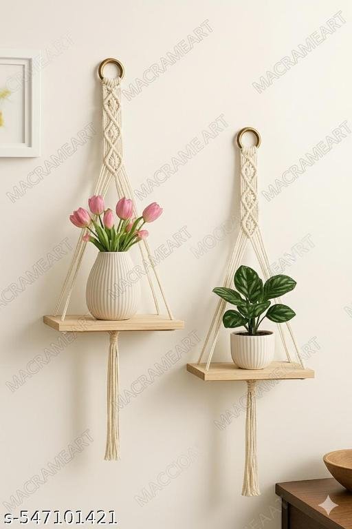 Wall Hanging Book Shelf | Boho Bedroom Wall Decor | Wood Floating Hanging Storage Shelf Organizer | Macrame Shelf for Hanging Plants and Wall Decor set of 2 ( best quality and best product ) - Image 5