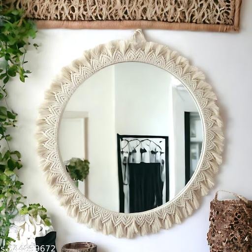 Round Decorative Wall Mirror with Macrame Frame, Boho Design, Off White