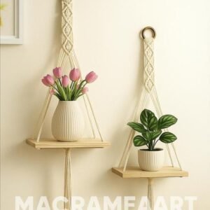 Wall Hanging Book Shelf | Boho Bedroom Wall Decor | Wood Floating Hanging Storage Shelf Organizer | Macrame Shelf for Hanging Plants and Wall Decor set of 2 ( best quality and best product )
