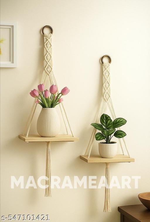 Wall Hanging Book Shelf | Boho Bedroom Wall Decor | Wood Floating Hanging Storage Shelf Organizer | Macrame Shelf for Hanging Plants and Wall Decor set of 2 ( best quality and best product )