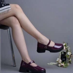 Women Classic Charm Mary Jane Shoes Glossy Patent Flats with Buckle Strap Casual & Office Look - Maroon