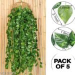 (7 Feet) (Set of 5 String) 30 Leave in one String Artificial Garlands Money Plant Hanging Leaves Greenery Vine Creeper Plants for Home Decor Main Door Wall, Balcony, Office, Decoration Party & Festival Craft
