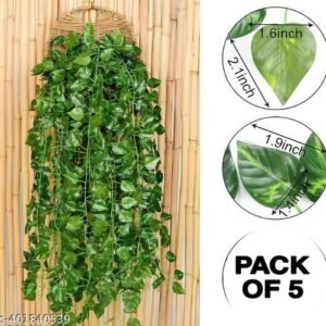 (7 Feet) (Set of 5 String) 30 Leave in one String Artificial Garlands Money Plant Hanging Leaves Greenery Vine Creeper Plants for Home Decor Main Door Wall, Balcony, Office, Decoration Party & Festival Craft