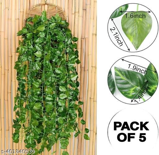 (7 Feet) (Set of 5 String) 30 Leave in one String Artificial Garlands Money Plant Hanging Leaves Greenery Vine Creeper Plants for Home Decor Main Door Wall, Balcony, Office, Decoration Party & Festival Craft