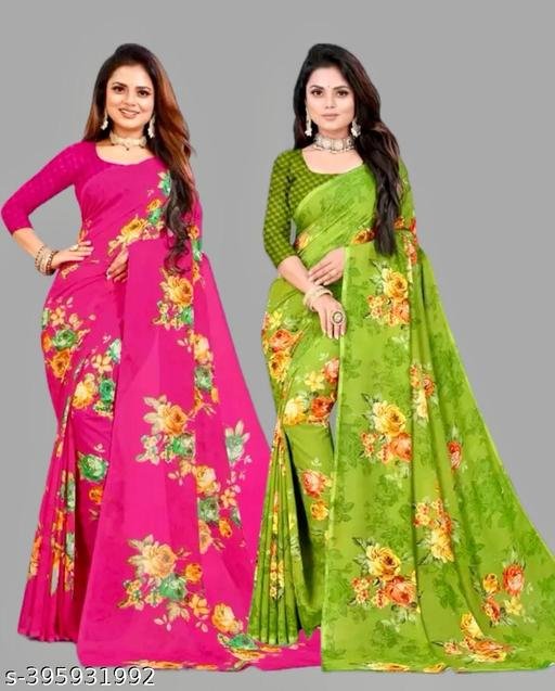 Combo Floral Sarees, Set of 2, Georgette Printed Sarees With Blouse Piece